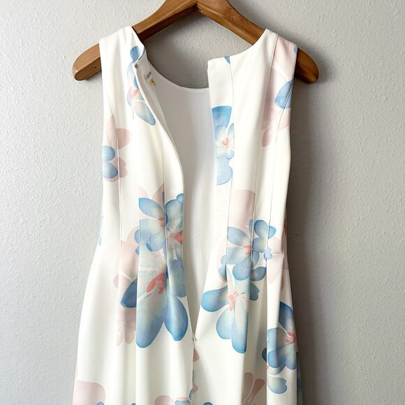 Calvin Klein Scuba Sleeveless Fit n Flare Cream Blue Floral Dress Womens Size 12 - Picture 7 of 10